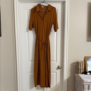 Shirt dress Polo Collar Maxi Dress with Self-Tie Waist in Rust Large